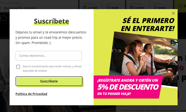 Popup de la web de Goldcar para captar suscriptores Popup de la web de Goldcar para captar suscriptores