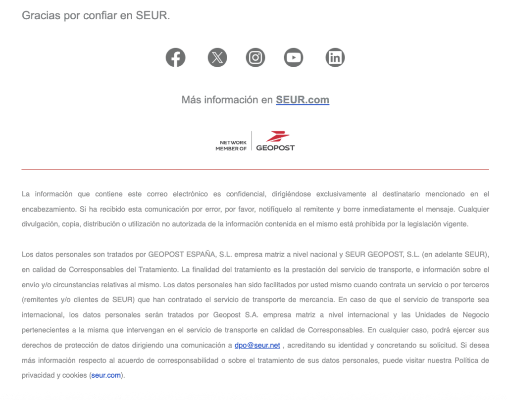 Ejemplo footer email transaccional de Seur Ejemplo footer email transaccional de Seur