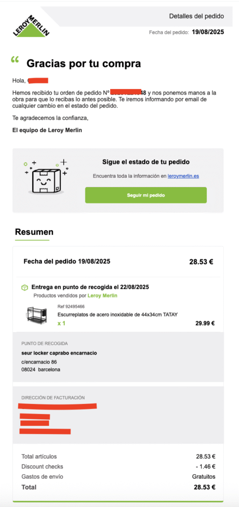 Ejemplo de Email transaccional del Leroy Merlin - confirmación pedido Ejemplo de Email transaccional del Leroy Merlin - confirmación pedido