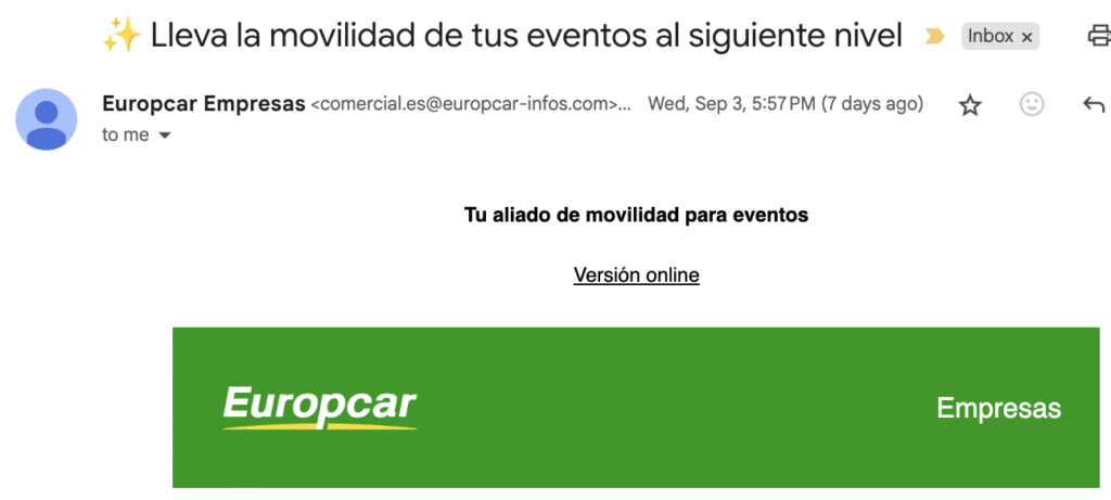 Ejemplo texto preheader de Europcar